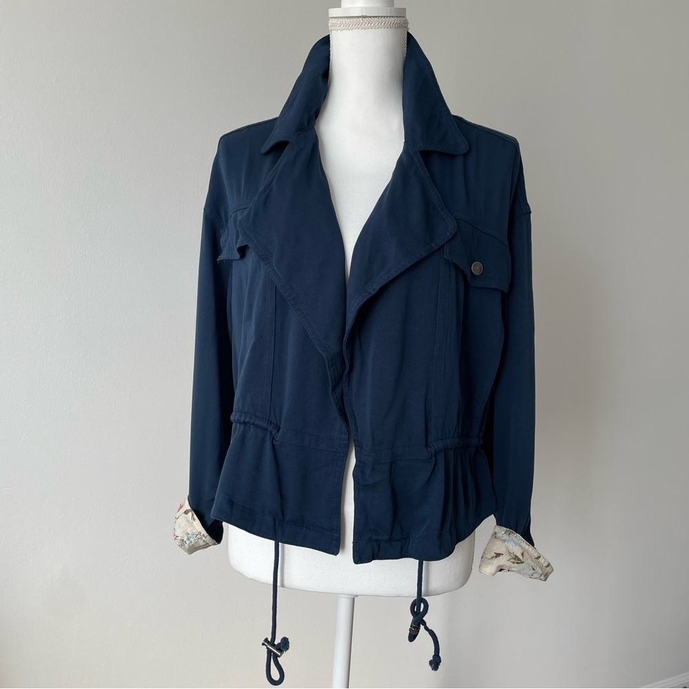 Frye and Co Navy Blue Draped Utility Jacket Floral Trim Drawstring Waist Medium